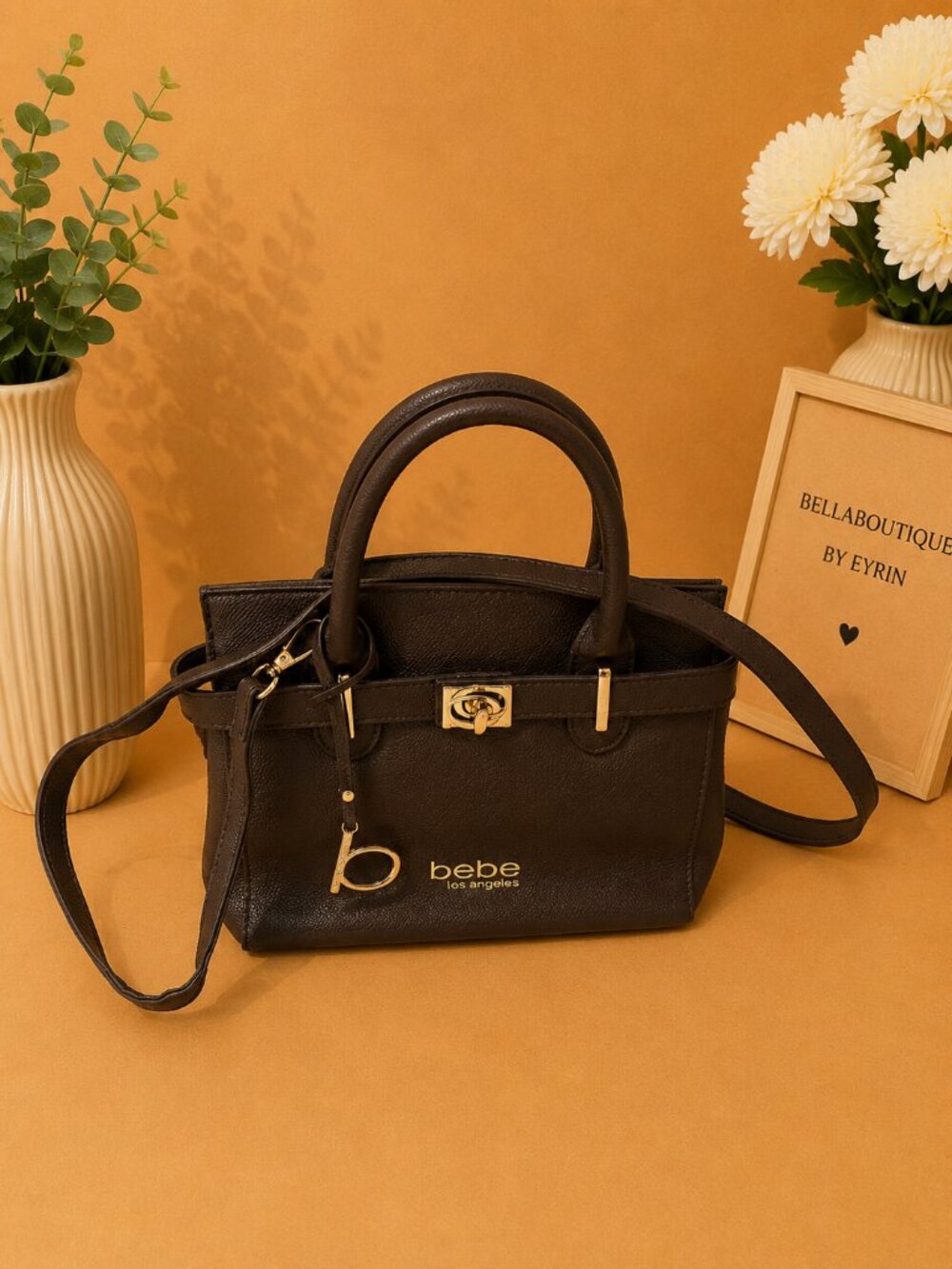Bebe Los Angeles Brown Satchel Crossbody Bag – Gold Hardware Designer Purse